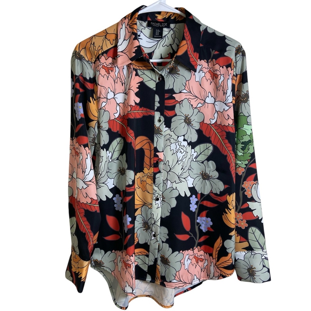 Rachel Zoe Blouse Floral Hawaiian Top Satin Feel Black Red Green Orange WM SZ M